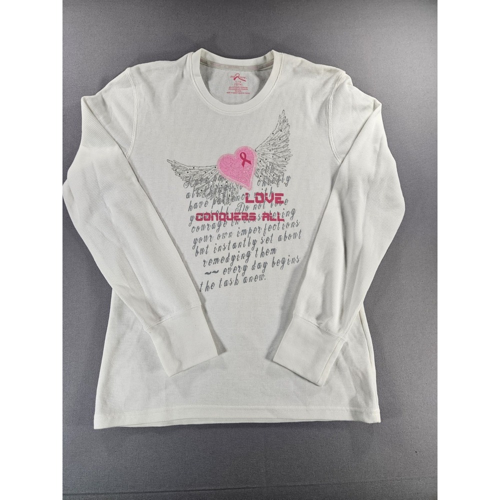Oui Care Breast Cancer Awareness Thermal Shirt L White Rhinestone Heart Y2K